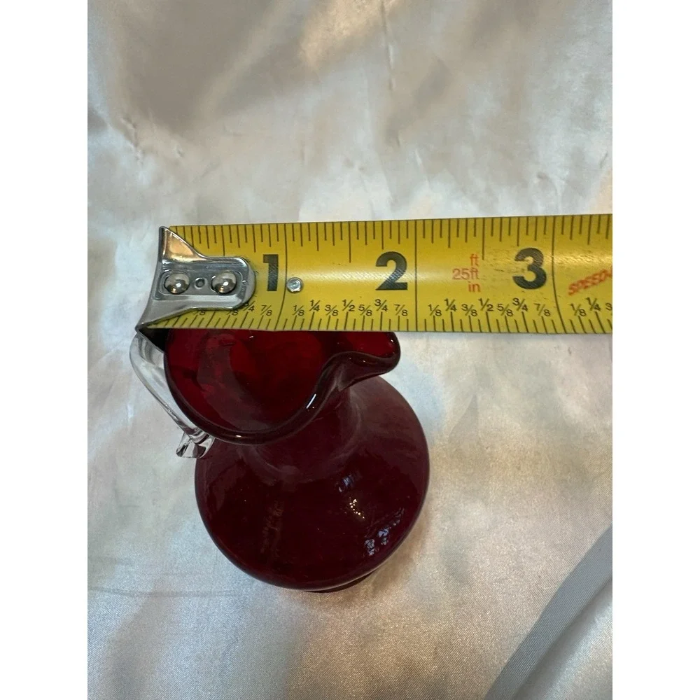 Vtg Hand Blown Ruby Red Glass Mini Pitcher With Clear Glass Handle